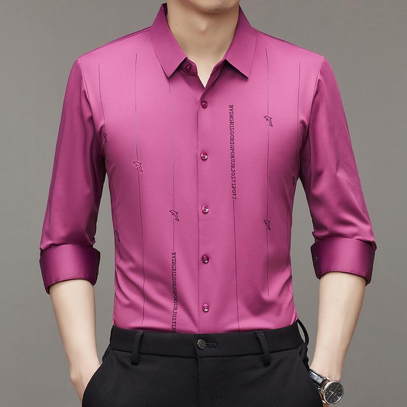 Vår Ny Herr Casual Långärmad Skjorta Enfärgad Stretch Mode Trendig Strykfri Skjorta