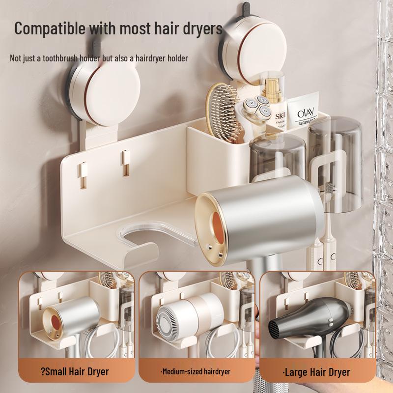 Wall-Mounted No-Drill Bathroom Stand: Electric Toothbrush & Hair Dryer Holder with Mouthwash Cup