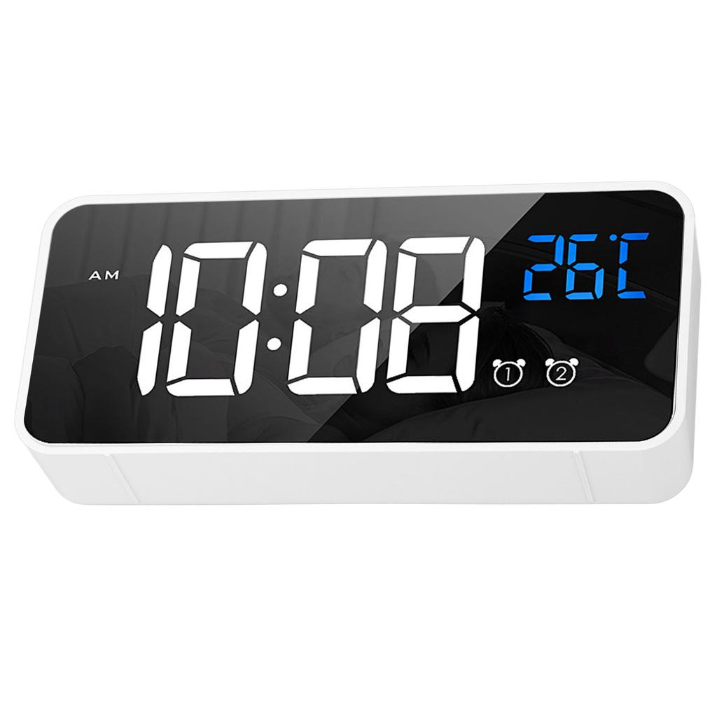 Mirror LED Alarm Clock Two Sets of Alarm Rechargeable Voice Activated Digital Clock for Bedrooms Bedside Desk White