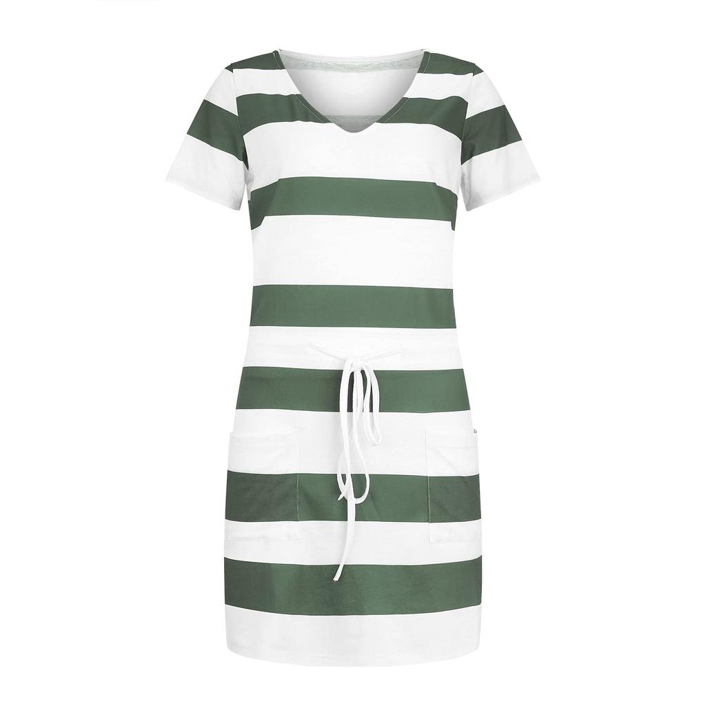 Women's Casual V-Neck Short Sleeve Loose Casual Striped Printed Dress