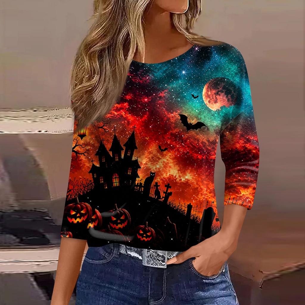 Women's Casual 3/4 Sleeve Halloween Print Round Neck Blouse for Party and Daily Wear