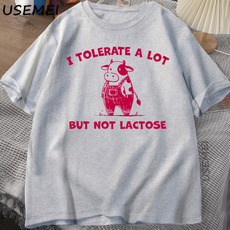 

I Tolerate A Lot But Not Lactose Funny T-Shirt Cute Cow Meme Tee Shirt Vintage Y2K Humor T Shirt Cotton Short Sleeve Mens Tops XXXL сірий