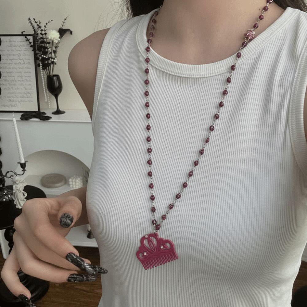 Long Chain Comb Pendant Necklace Rhinestone Decor Acetate Necklace For Girls