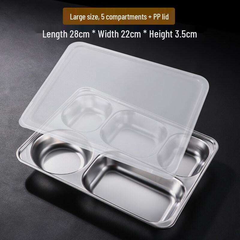 

Food Grade Stainless Steel 5-Compartment Lunch Tray with PP Lid