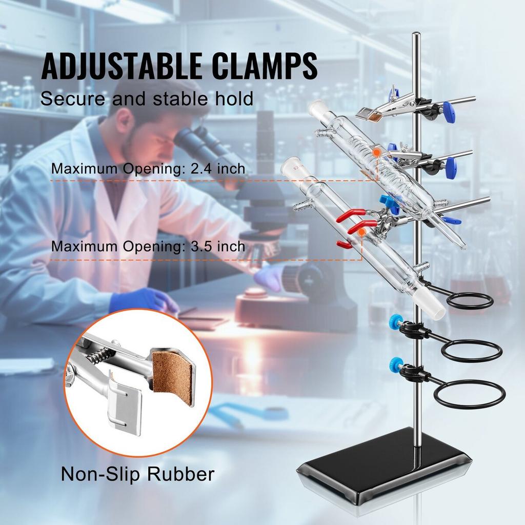 Lab Stand Support, Laboratory Retort Support Stand Set, Steel Lab Stand 23.6" Rod and 8.3" x 5.3" Cast Iron Base, Includes Flask Clamps, a Burette