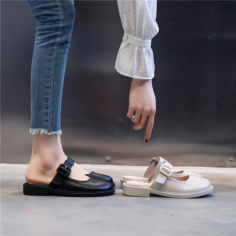 Leather half-tray shoes women's summer 2025 new outer wear fashion casual women's shoes fairy wind one-pedal bag head shoes