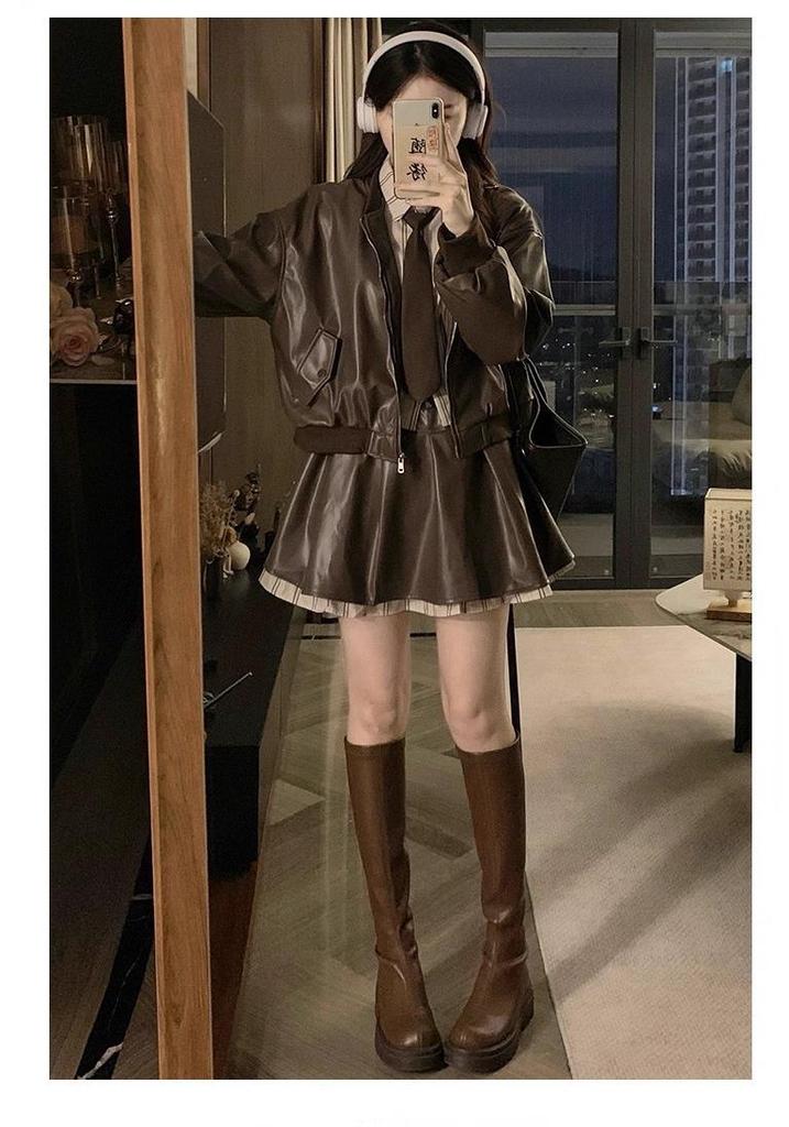 Women's Coffee PU Leather Jacket & Skirt Autumn Two-Piece Set