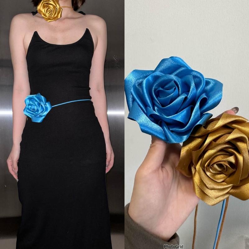 Naszyjnik Choker w stylu Boho Błękitny Kwiatowy Naszyjnik Łańcuszek na Talii Przesadzony Duży Kwiatowy Naszyjnik na Sznurku Biżuteria dla Kobiet Dziewcząt