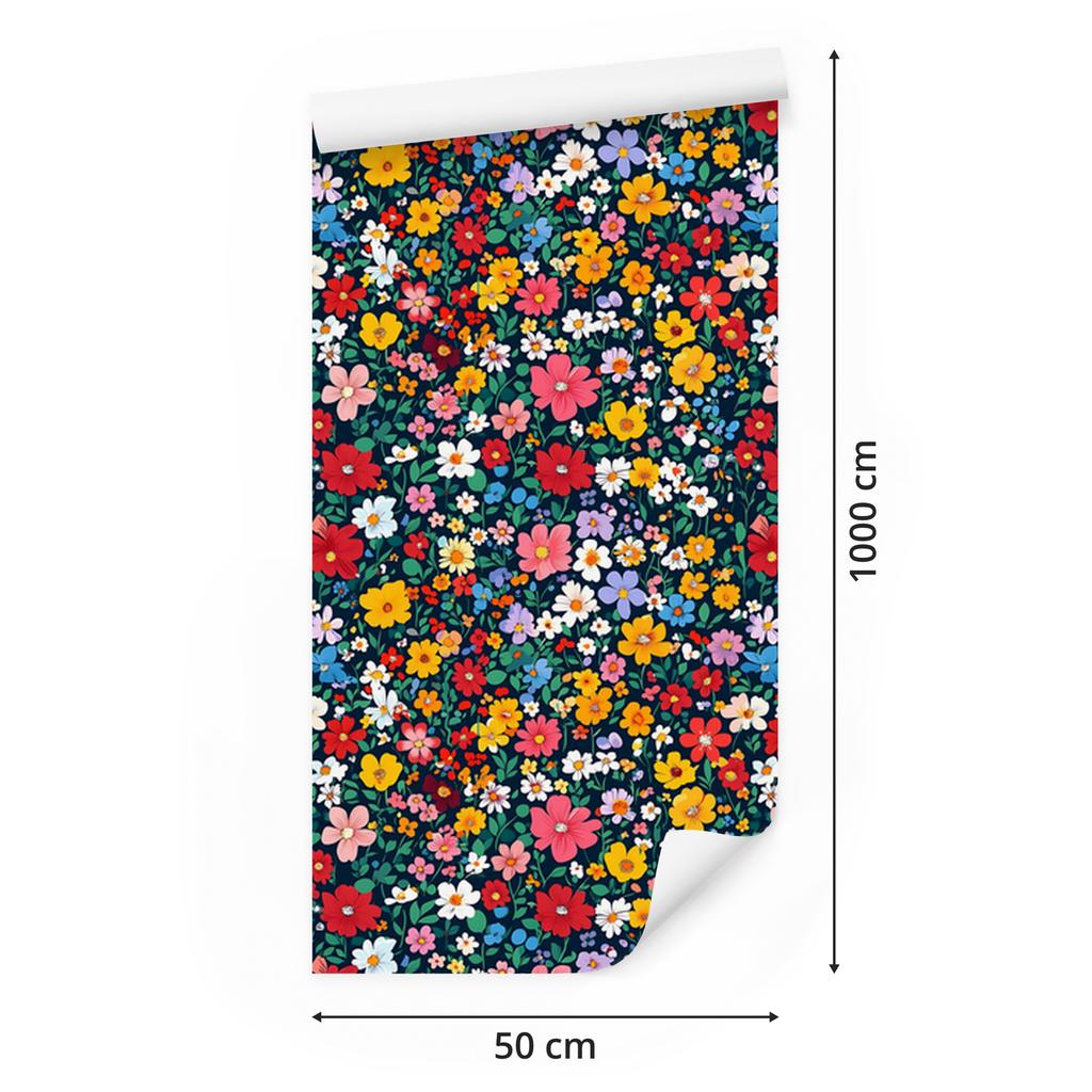 Wallpaper Small Flowers Turquoise and Red for Living Room and Bedroom 50x1000