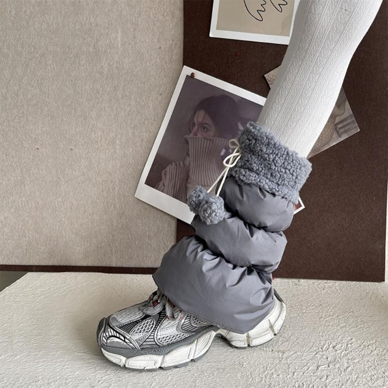 Lamb Fleece Trim Padded Puffer Leg Warmers with Cute Plush Balls for Women Warm Thermal Quilted Boot Cuffs Foot Covers