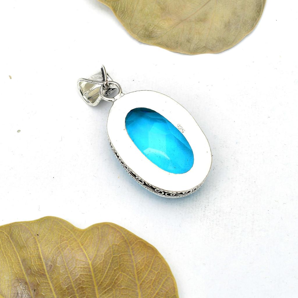 Blue Topaz Gemstone Pendant : 925 Sterling Silver Handmade Jewelry Pendant