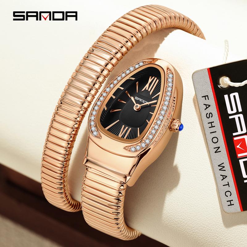 SANDA Fashion Women's Quartz Watch Serpentine Inlaid Diamond Women's Watch Retro Light Luxury Women's Quartz Watch