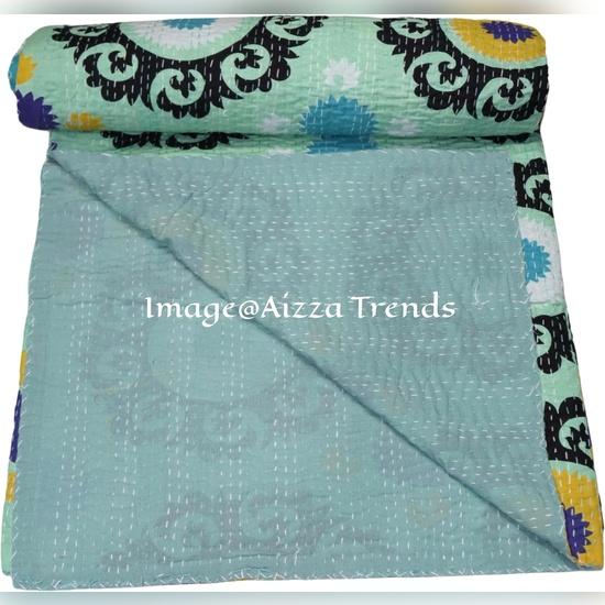 Aizza Trends Handmade Pure Cotton  Printed Kantha Quilt  - Traditional Look Bed Spread Kantha Gudri - Vintage Hand Stitch Gudri
