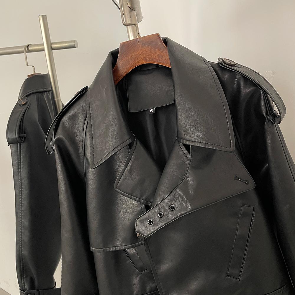 OFTBUY Dámská vintage volná krátká bunda z umělé kůže s páskem na motorku, dámská retro moto bikerská bunda, svrchní prádlo, topy