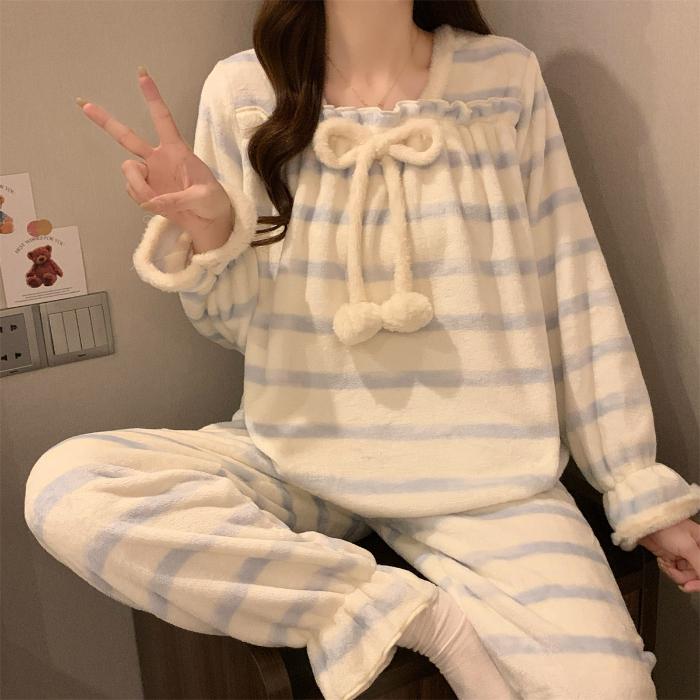 Women Flannel Pajama Set Winter Thick Warm Square Neck Long Sleeve Princess Style Bow Butterfly Casual Loungewear Home Sleepwear
