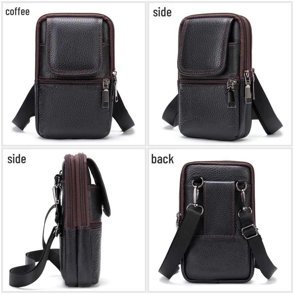 "Men's Outdoor Genuine Leather Waist Bag and Shoulder Bag for Mobile Phones"