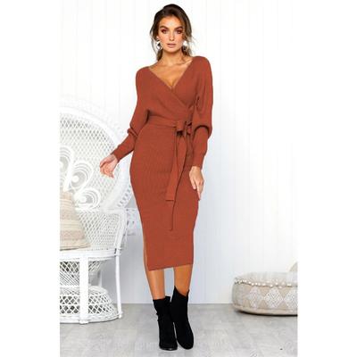 Autumn and Winter Women's Knitted Dress Sexy Wrap Hip Warm Sweater Dress