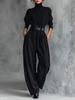 High Neck Long Sleeve & High Waist Wide Leg Pants Women's Two-Piece Set with Belt