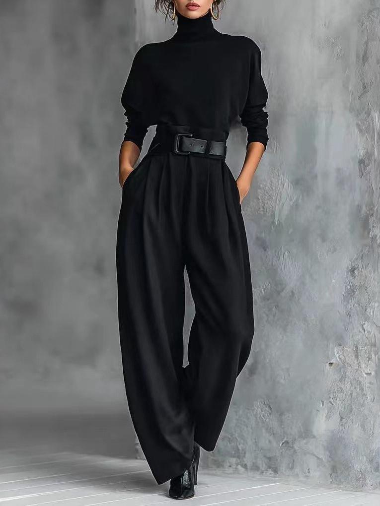 High Neck Long Sleeve & High Waist Wide Leg Pants Women's Two-Piece Set with Belt