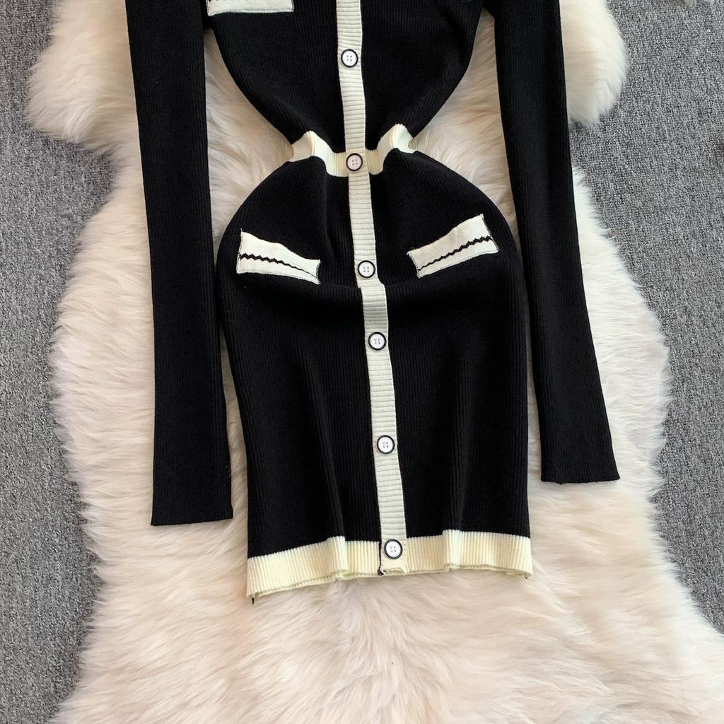 Spring Autumn Women V-neck Full Sleeve Knitted Sweater Mini Short Sheath Pullover Dresses