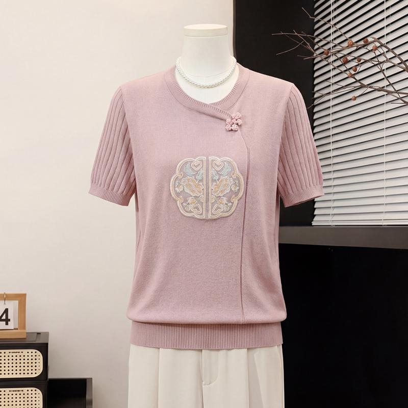 Yuzhaolin Summer New Chinese Style Embroidered Knit Top for Mid-Aged Women 2XL