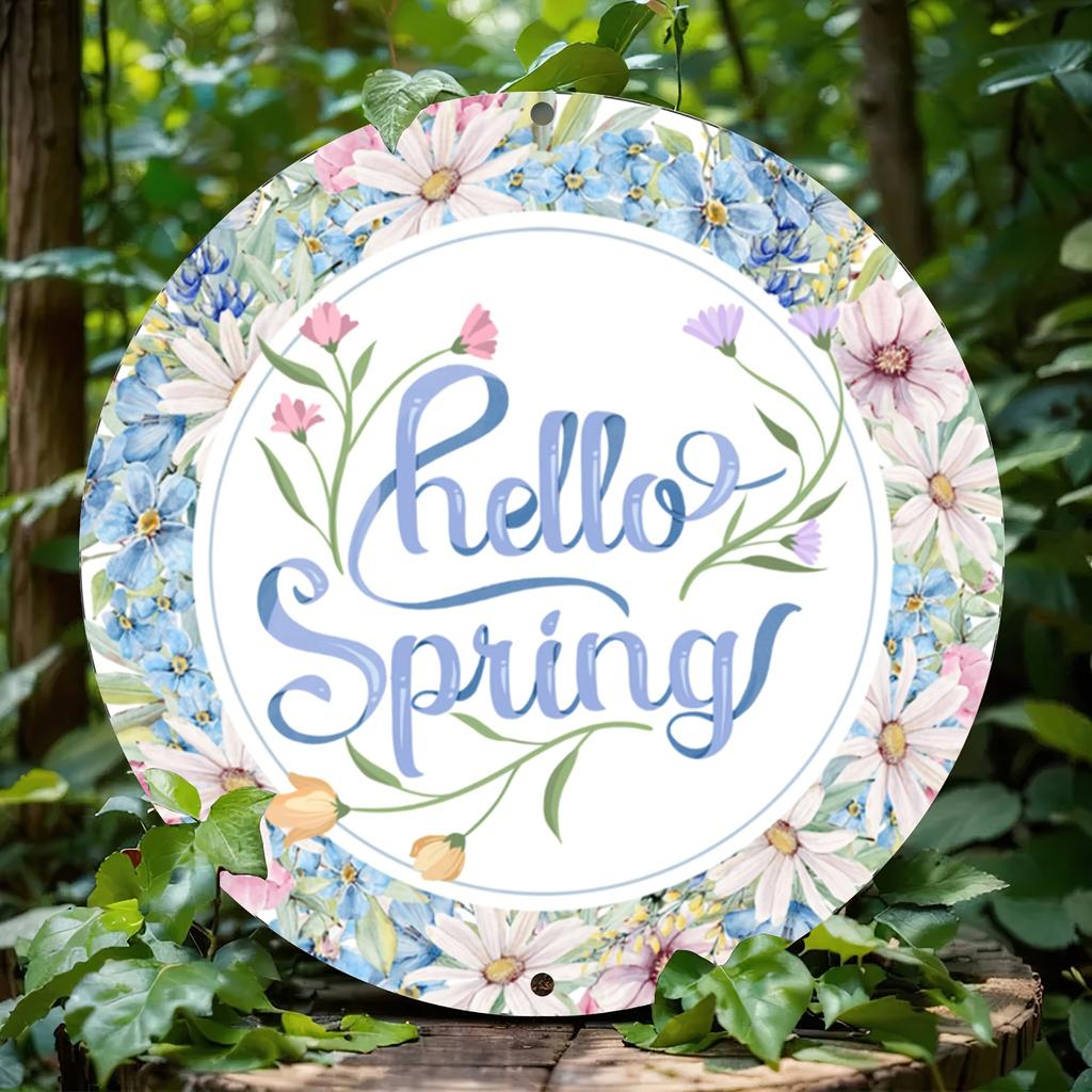 Room Decor pc Hello Spring Floral Wreath Sign x cm Round Aluminum Wall Decor Vintage Style D Printed Metal Plaqu