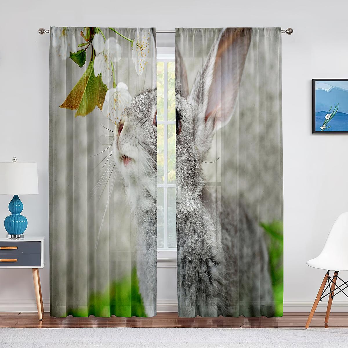 Прозрачные шторы с милыми котами и кроликами и маленькими животными для гостиной — фото 13