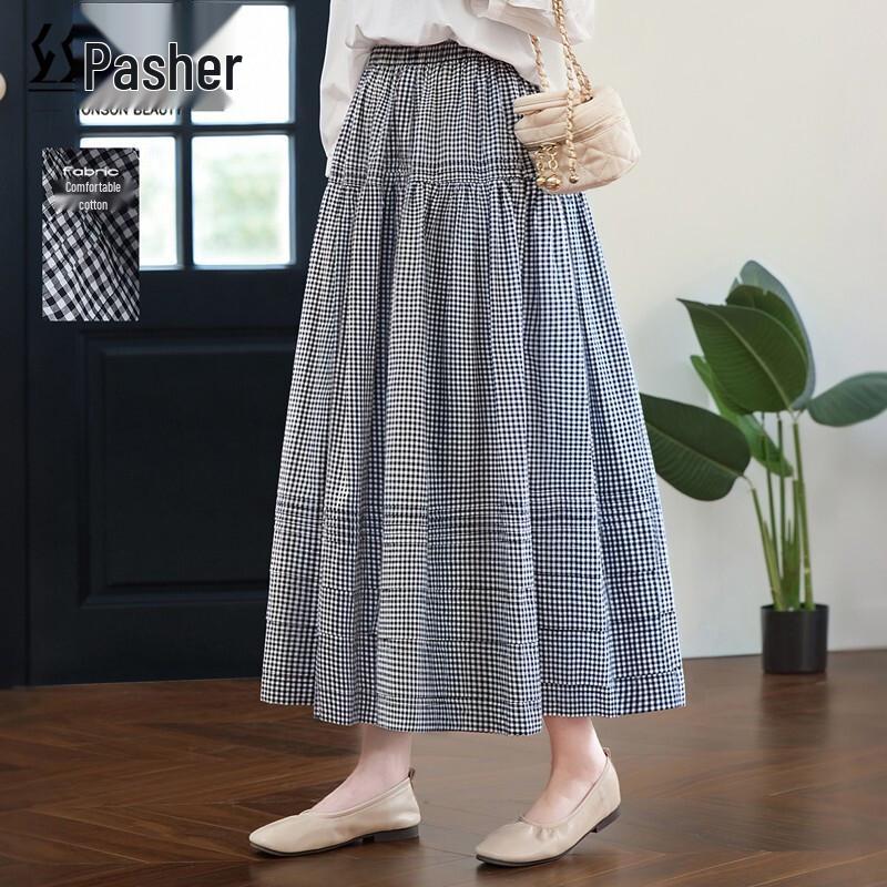 Women s High-Waisted Plaid A-Line Midi Skirt L