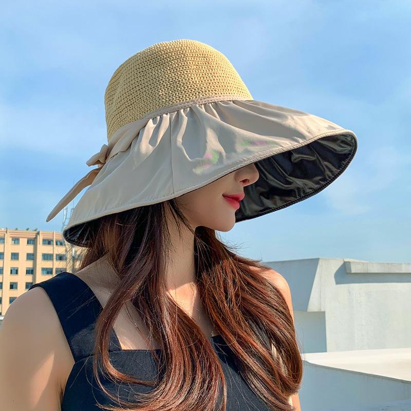 

Meier Vinyl bowknot sun hat - women s hollow-out straw hat - uv protection wide brim bucket hat Adjustable бежевий