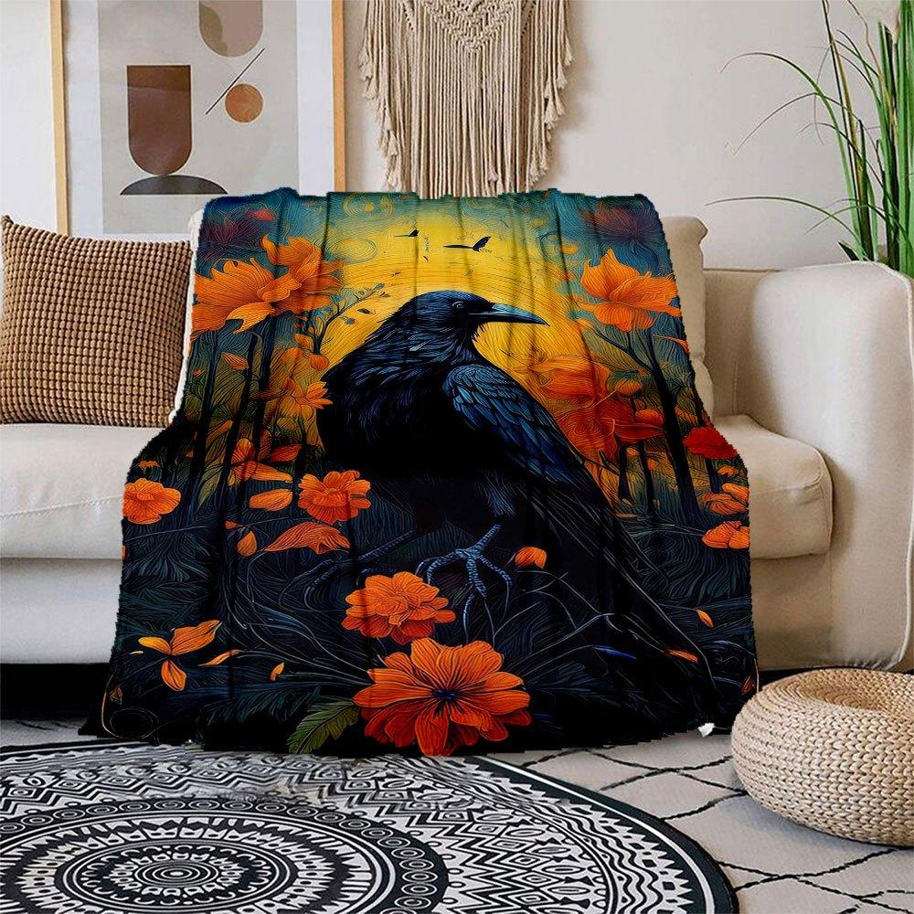 

Magical Raven amidst Flowers Wall Art Print Blanket Flannel Throw Blanket for Sofa, Bed, Travel, Camping, Office, Couch, Chair, And Bed Gif 130x150cm