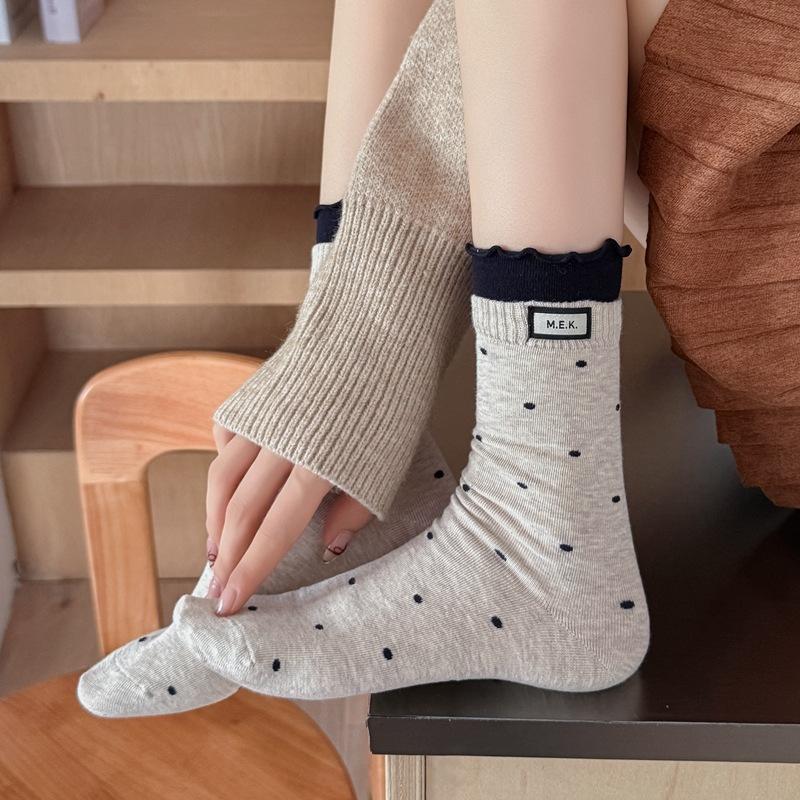 Womens Polka Dot Mid Crew Socks Ballet Style Delicate Lace Edging and Ruffle Trim Fashion Woven Label Simple Design Socks