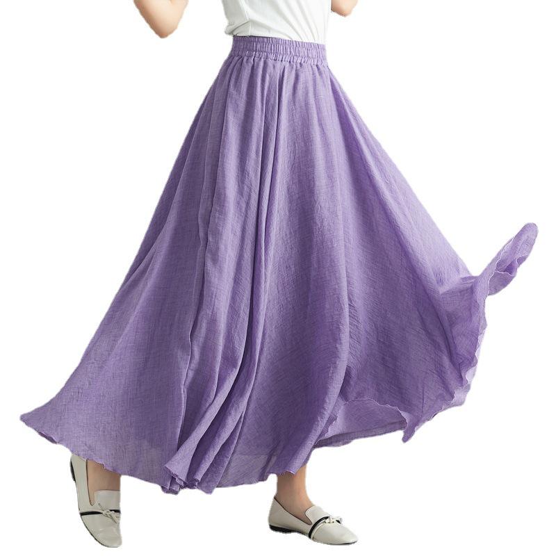 2024 Japan & Korea Loose Cotton-Linen Elastic Waist Midi Skirt – Solid Color A-line Swing Skirt