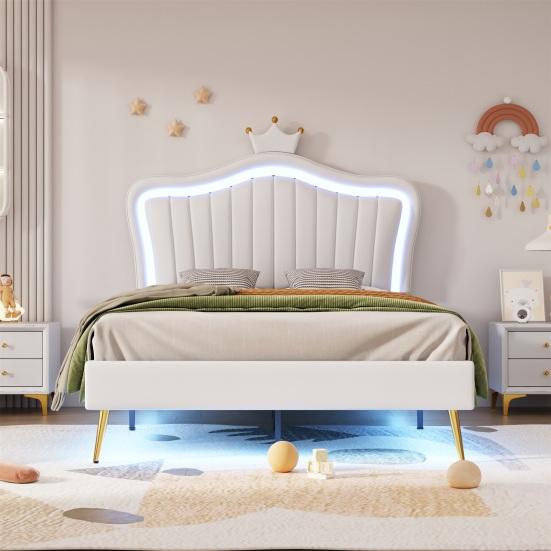 Single Bed Crown Shape Children with Headboard LED Light Heavy Princess Duty Strong Carrying Capacity Girl Bedroom Furniture Upholstered