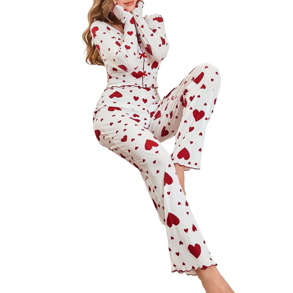 Damen Bequemes Schlafanzug-Set mit Liebes-Print, Langarm und Langer Hose