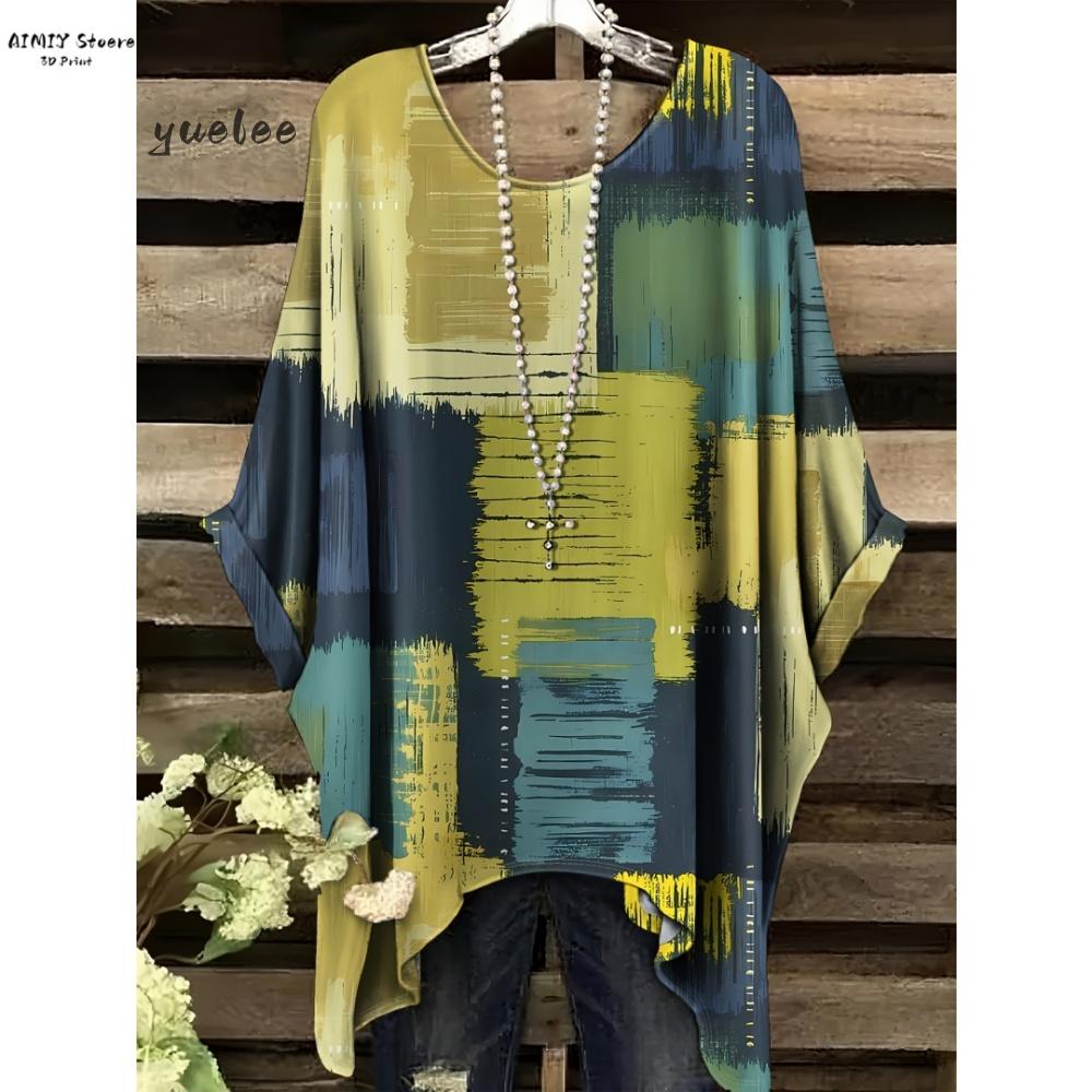 T-shirt Elegante Bohemien da Donna Stampa Notte Stellata Bianco Pois su Tutta la Superficie Orlo Asimmetrico Scollo a O Moda Casual Donna Abbigliamento Y2k