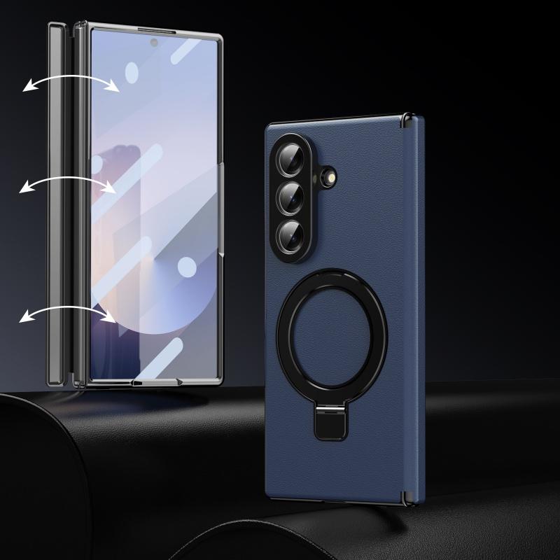 360 Rotate Ring Holder Kickstand Leather Case for Samsung Galaxy Z Fold 8 Ultra 7 6 5 4 3 with Glass Screen Film Anti-drop Cover