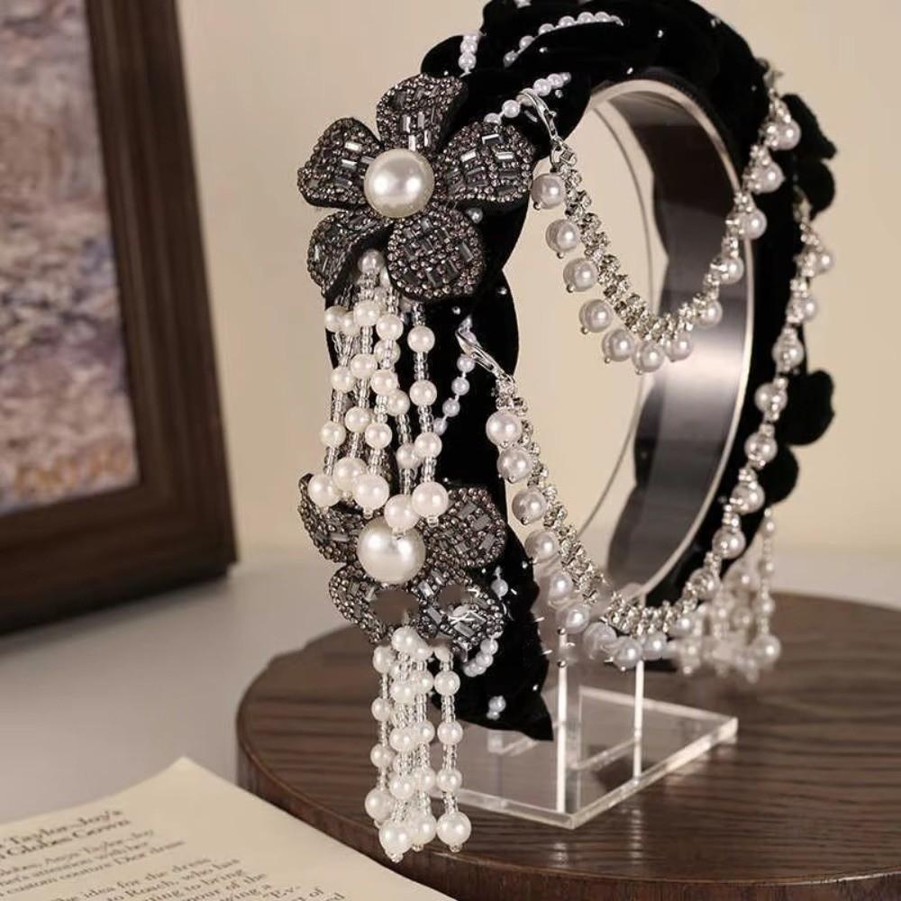 New Detachable Pearl Tassel Headband Ethnic Style Wide-format Bridal Headdress Pearl Headband Hair Accessory
