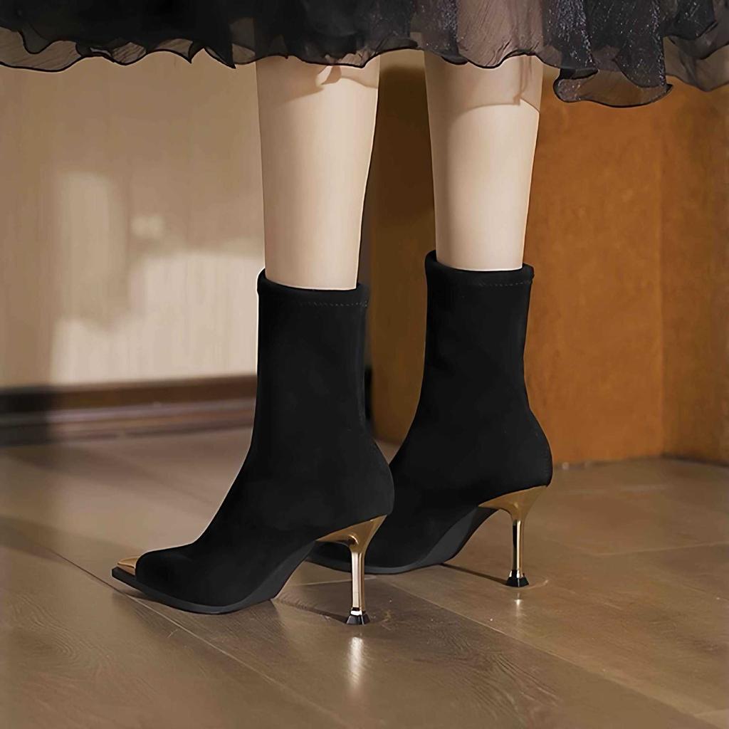 Pointed High-heeled Short Boots Women's 2025 Autumn and Winter New Black Metal Head Thin Heel Elastic Suede Versatile Thin Socks Boots