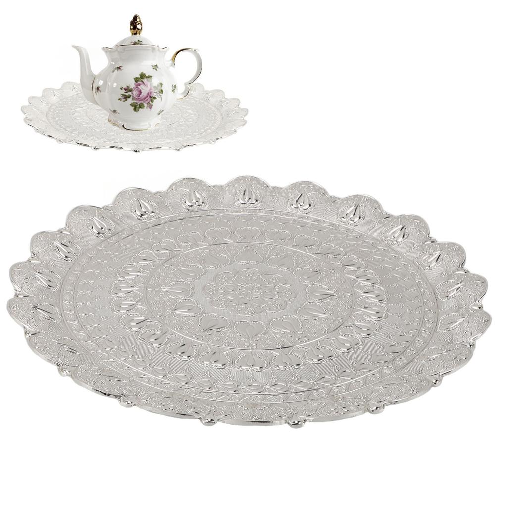 Turkish Tea Coffee Serving Tray Vintage   Embossed Pattern Round Coffee Plate for Bar Outdoor   Dessert