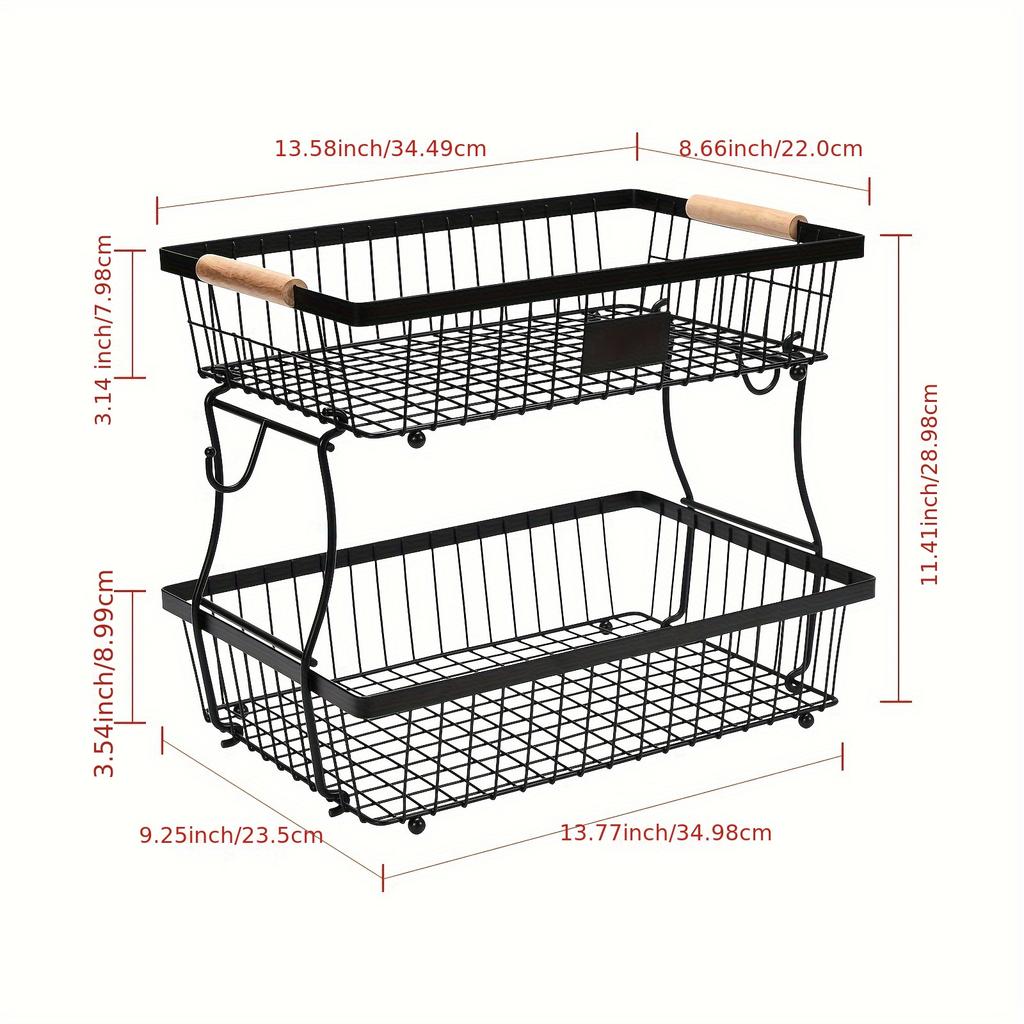 2-Tier Metal Fruit Basket with Banana Hooks, Durable Black Wire Storage Rack for Kitchen Countertop, Multi-Functional Storage
