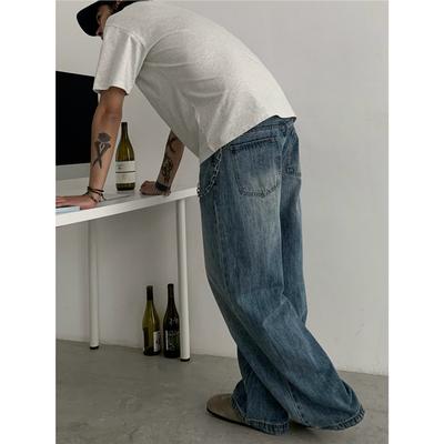 Spring and Autumn Washed Burst Blue Jeans Men's American Retro Loose Wide-leg Casual Trousers