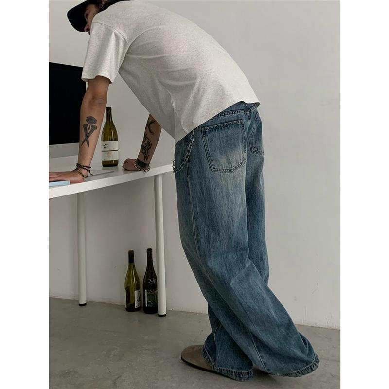 Spring and autumn washed burst blue jeans men's American retro loose wide-leg casual trousers
