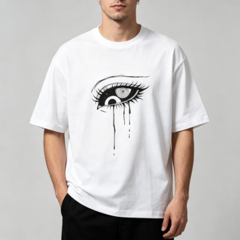 Male 100 Cotton Dark Aesthetic Graphic Tshirt Hand Sketch Crying Crew Neck Loose Short Sleeve Minimal Gothic Street Daily Tops