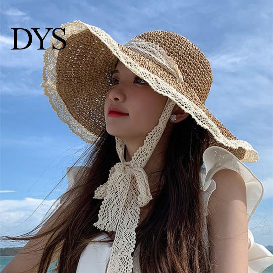 Straw Hat Lace Trim Tied Up Round Dome Sun Women Big Brim Floppy Fashion Accessories