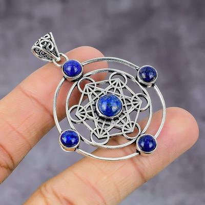 Natürlicher Lapislazuli-Edelstein, handgefertigt, 925er Sterlingsilber, Anhänger, 5,5 cm, f5D54