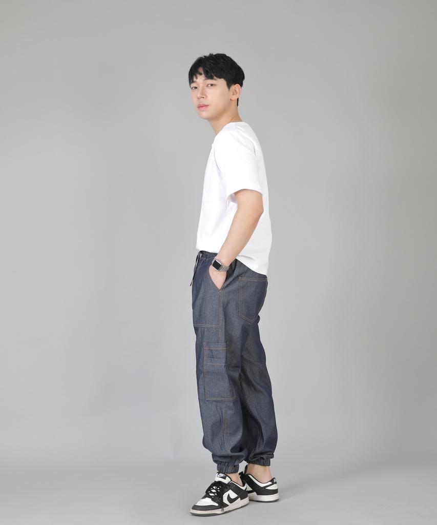 Seinteukeulu Two-Layer Wide Cargo Jogger Pants W2-308J Denim Light Indigo