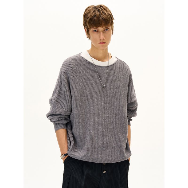 Madwitch Simple Textured Commuter Long-Sleeve Knit Top for Men and Women, Loose Casual Versatile Couple Sweater Trendy
