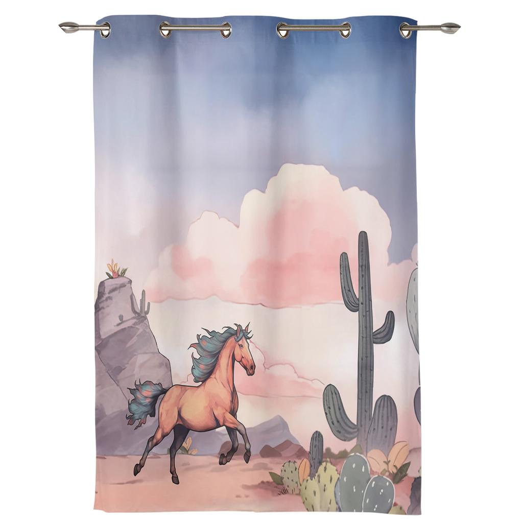 Horse Cactus Clouds Curtains for Bedroom Living Room Window Curtain Treatments Blinds Kitchen Home Decor Drapes