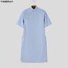 INCERUN Summer Men Stand Neck Short Sleeve  Splits Casual Long T-shirts Tee