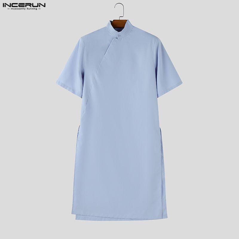 INCERUN Summer Men Stand Neck Short Sleeve  Splits Casual Long T-shirts Tee
